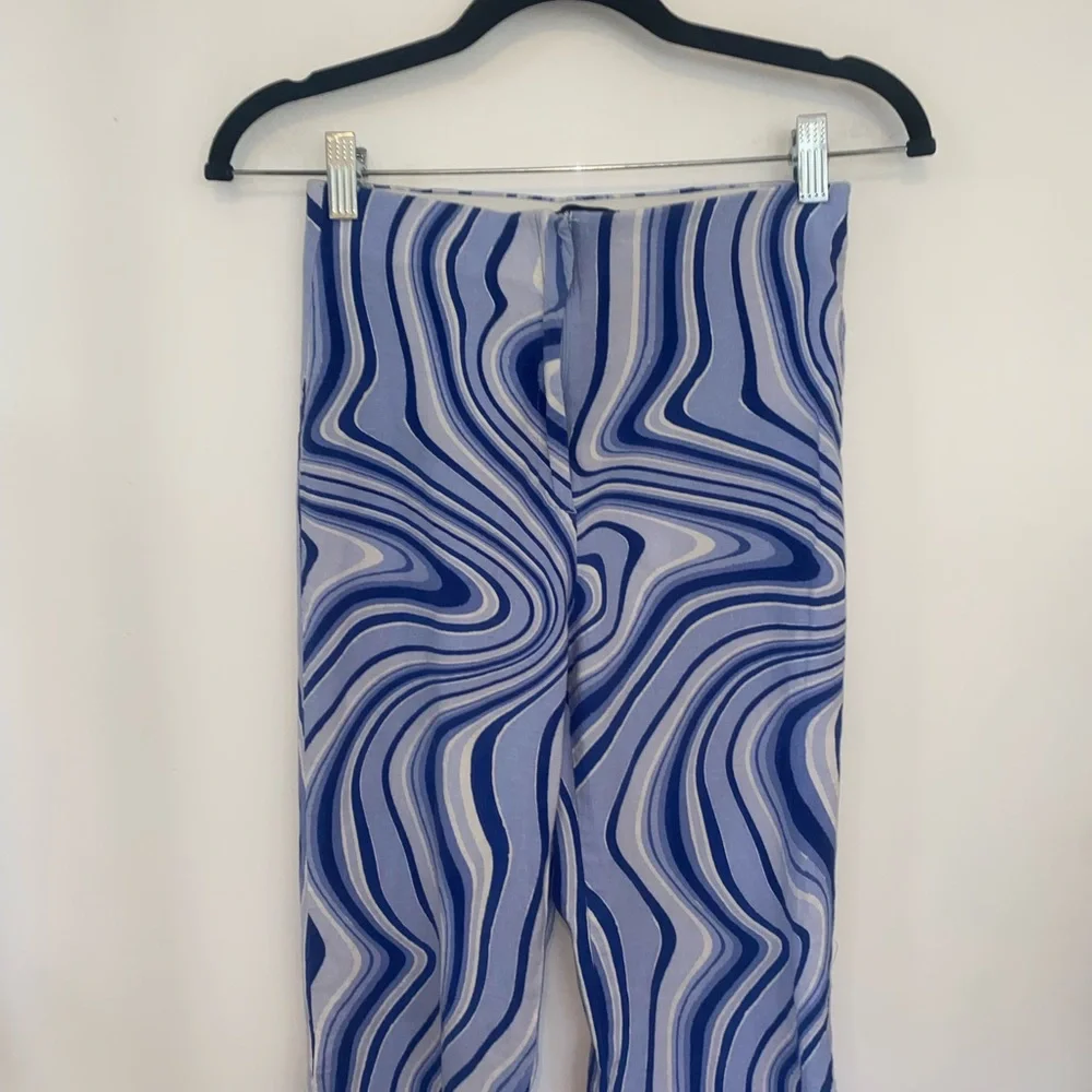 Zara Blue & White Psychedelics Swirl Flare Linen Pants, sz Small